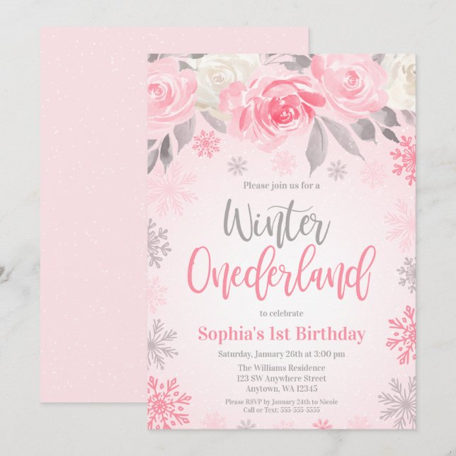 Invitación Invierno floral rosa Onederland Primer cumpleaños (Anverso / Reverso)