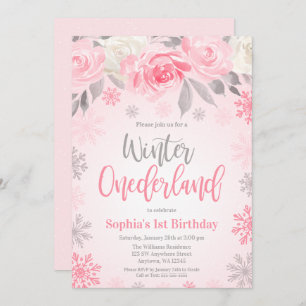 Invitación Invierno floral rosa Onederland Primer cumpleaños