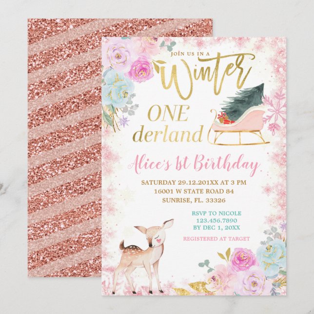 Invitación Invierno Floral Rosa Onederland Sleigh Cumpleaños (Anverso / Reverso)