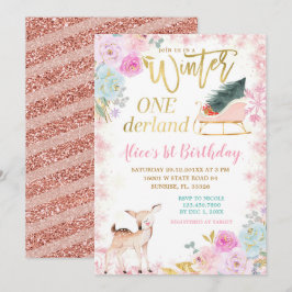 Invitación Invierno Floral Rosa Onederland Sleigh Cumpleaños