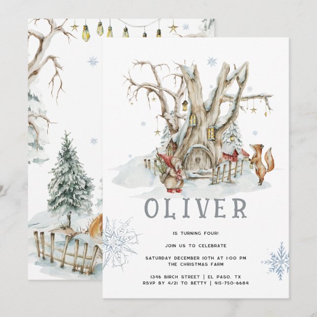 Invitación Invierno forestal de Woodland | Fiesta de cumpleañ (Anverso / Reverso)