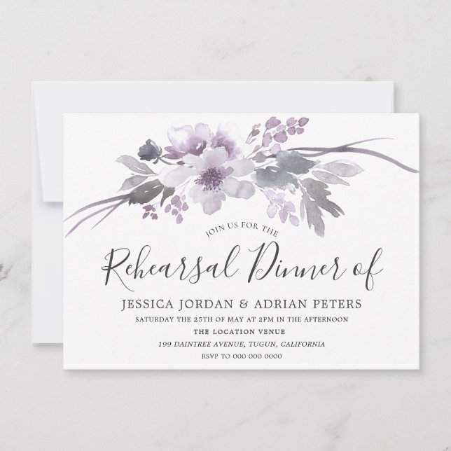 Invitación Invierno Gris Floral Acuarela Ensayo Cena (Anverso)