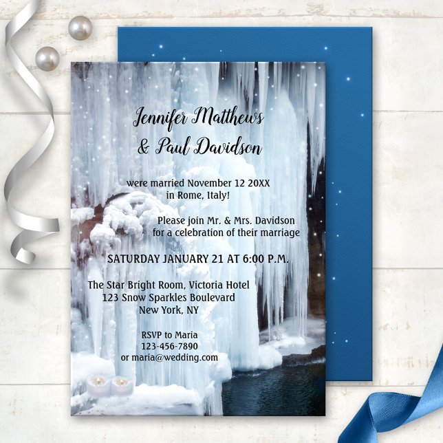 Invitación Invierno Ice Sparkles Boda Sólo Recepción (After wedding invitation featuring a frozen waterfall with sparkly snowflake lights and candles)