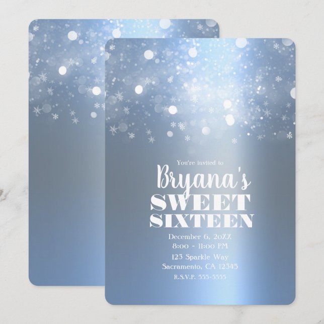 Invitación Invierno Icy Blue Silver Sparkling Luces Dulces 16 (Anverso / Reverso)