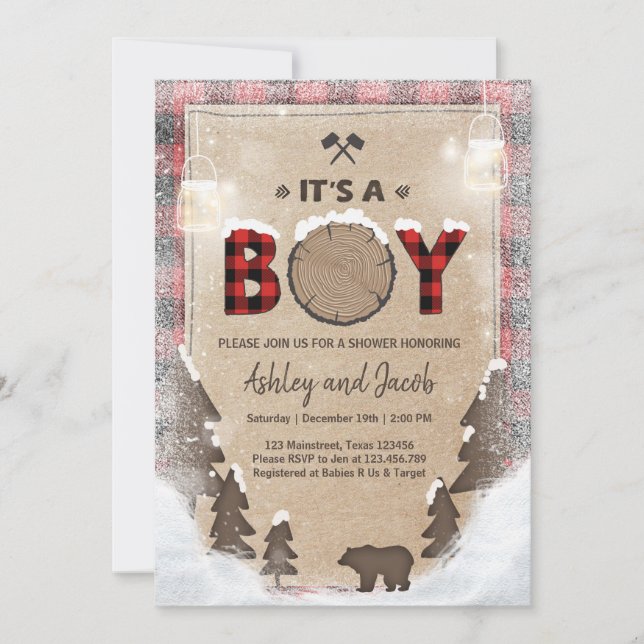 Invitación Invierno Lumberjack Baby Shower Rústico niño vesti (Anverso)