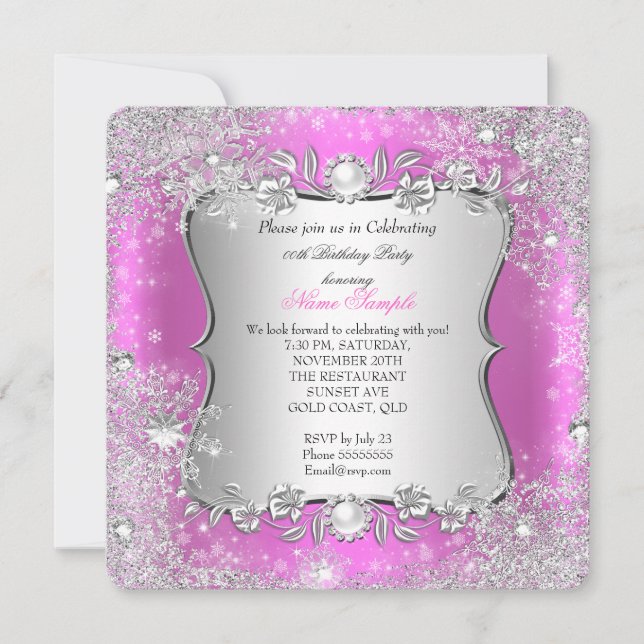 Invitación Invierno Mágico Cumpleaños Rosa Plateado Copo de N (Anverso)