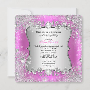 Invitación Invierno Mágico Cumpleaños Rosa Plateado Copo de N