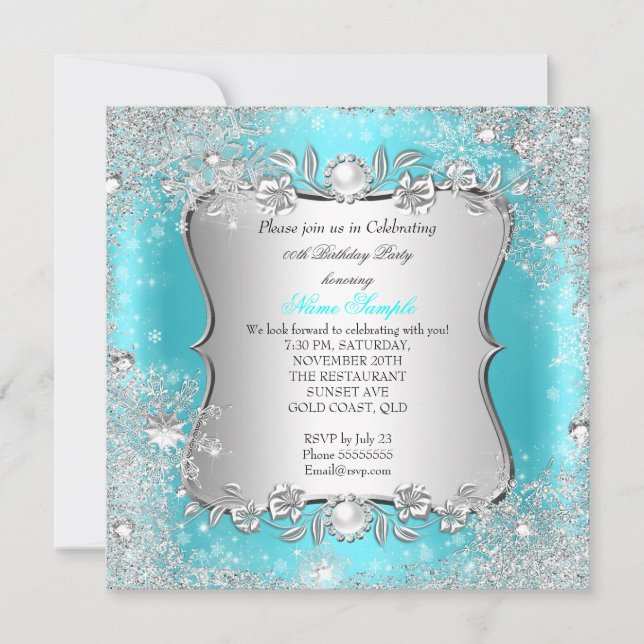 Invitación Invierno Mágico Cumpleaños Teal Plata Copo de Niev (Anverso)