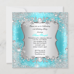 Invitación Invierno Mágico Cumpleaños Teal Plata Copo de Niev