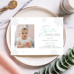 Invitación Invierno mágico Niño Niña Foto Primer Cumpleaños