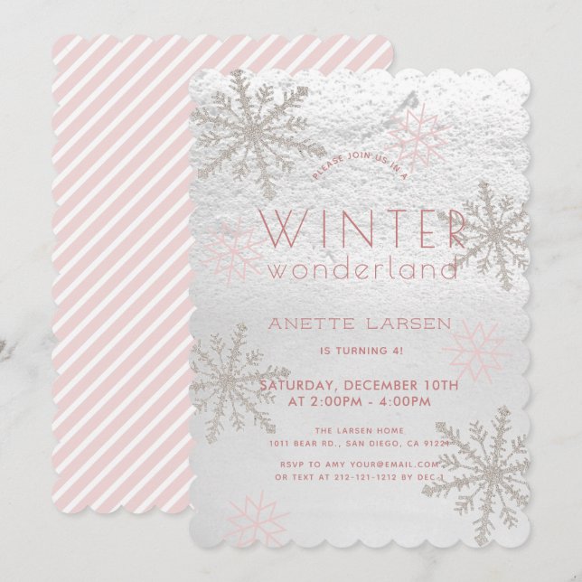 Invitación Invierno Maravilla de Nieve Chica Rosa Cumpleaños (Anverso / Reverso)