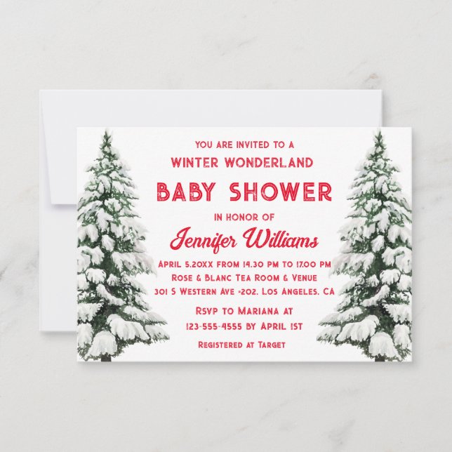 Invitación invierno maravillado pinos nevados bebé ducha roja (Anverso)