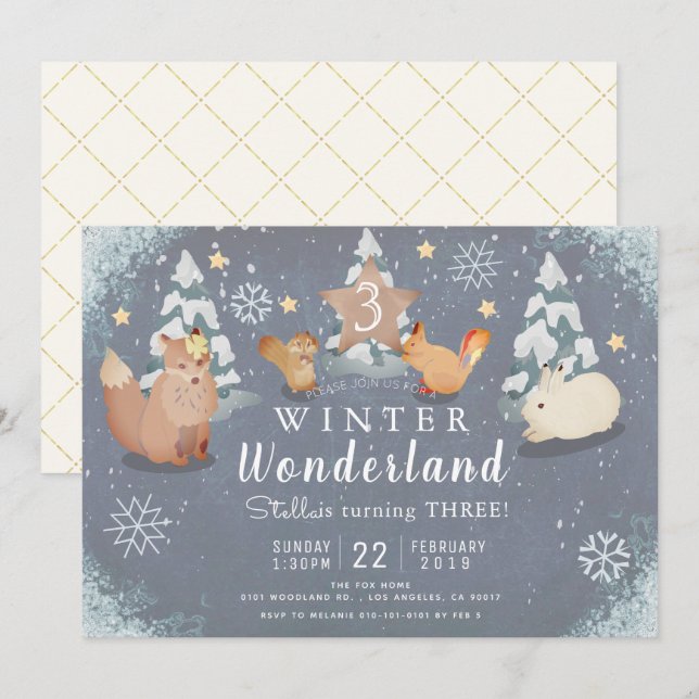 Invitación Invierno Maravilloso Woodland Animals Cumpleaños (Anverso / Reverso)