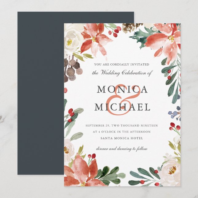 Invitación Invierno místico | Boda de marco floral (Anverso / Reverso)