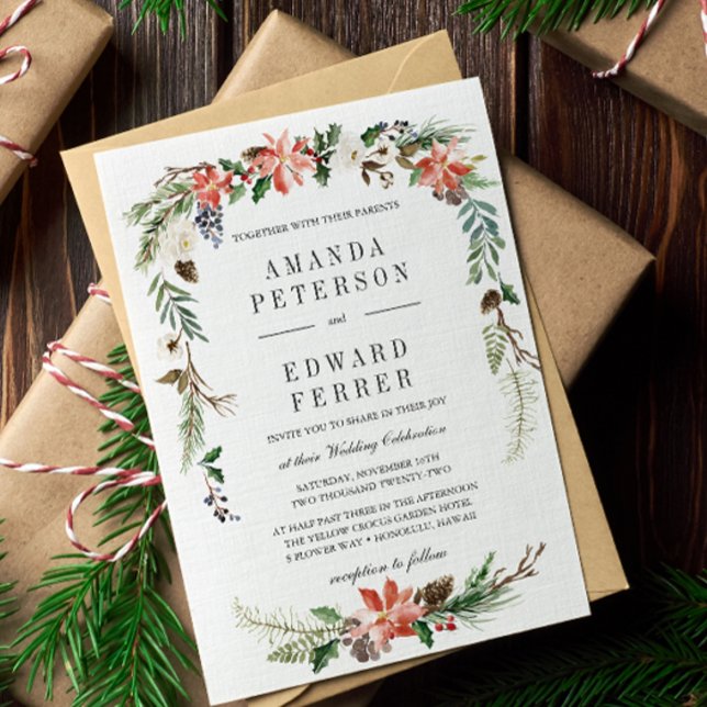 Invitación Invierno místico | Boda floral (WINTER FLOWER BERRIES PINECONES POINSETTIA formal wedding invitation. CHRISTMAS TIME CELEBRATION)