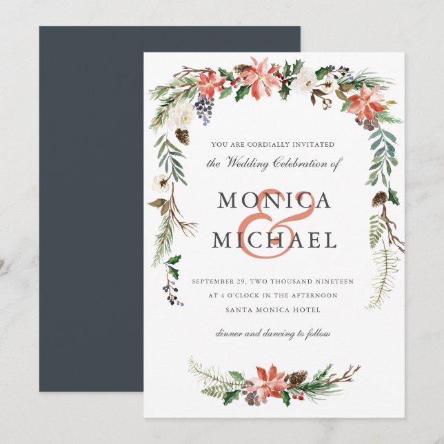 Invitación Invierno místico | Boda Floral Garland (Anverso / Reverso)