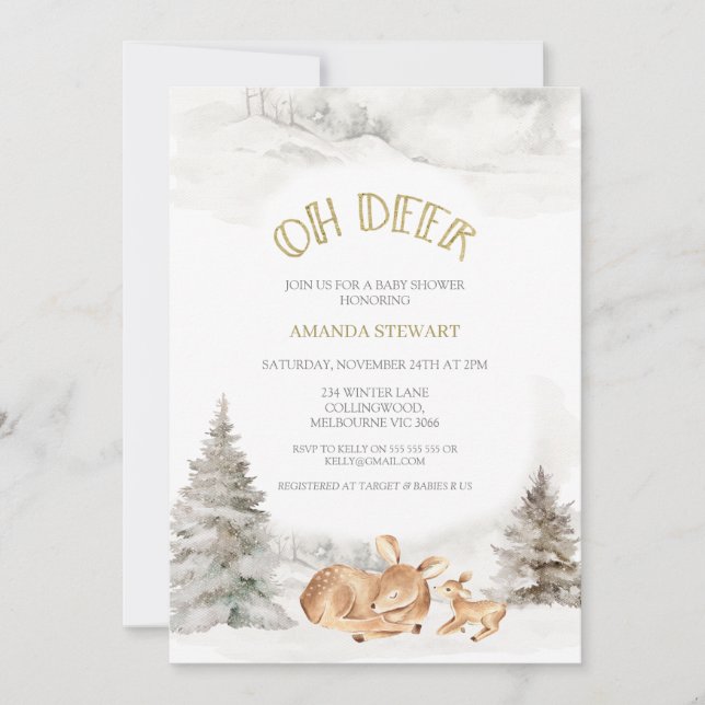 Invitación Invierno moderno Oh Baby Shower Deer Fawn (Anverso)
