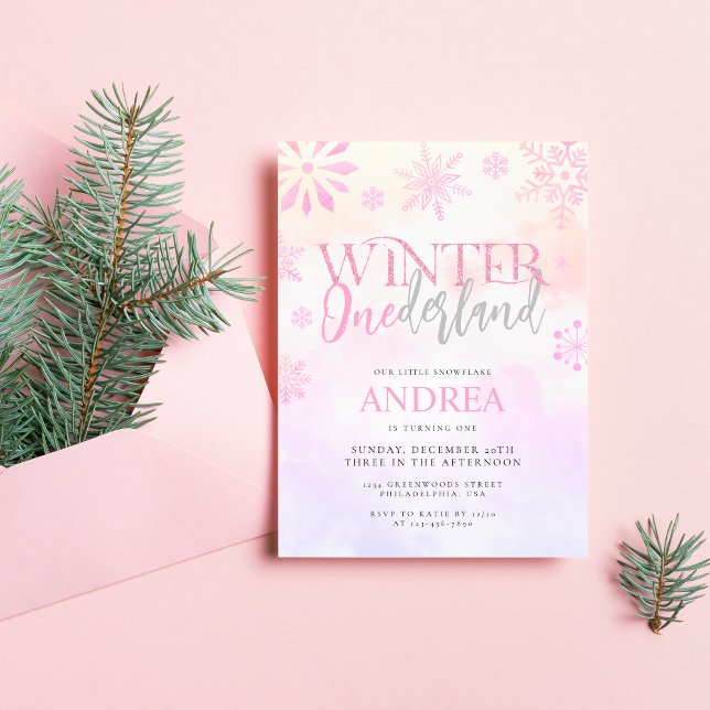 Invitación Invierno moderno Onederland Chica rosa Primer cump (Subido por el creador)