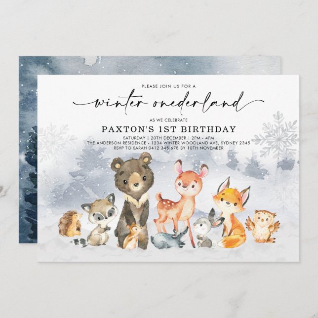 Invitación Invierno moderno Onederland Woodland Forest Birthd (Anverso / Reverso)
