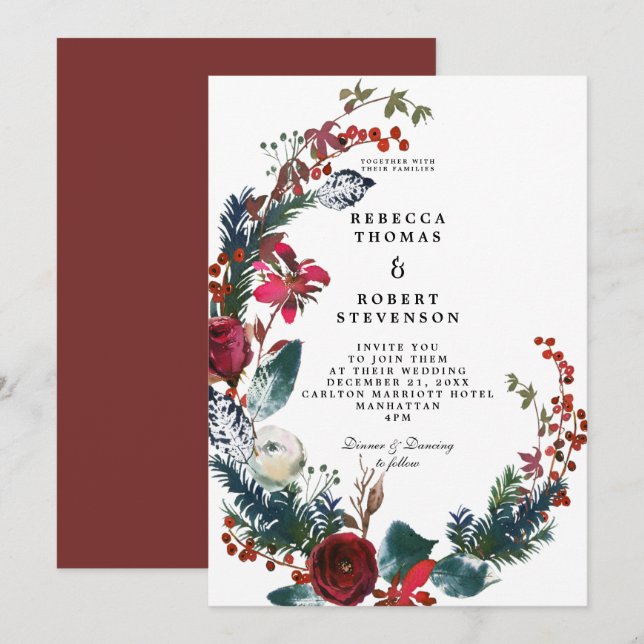 Invitación invierno moderno que casa la guirnalda floral roja (Anverso / Reverso)