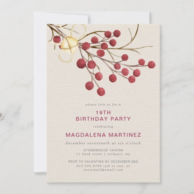Invitación Invierno moderno Red Berry 19th Birthday Party (Anverso)