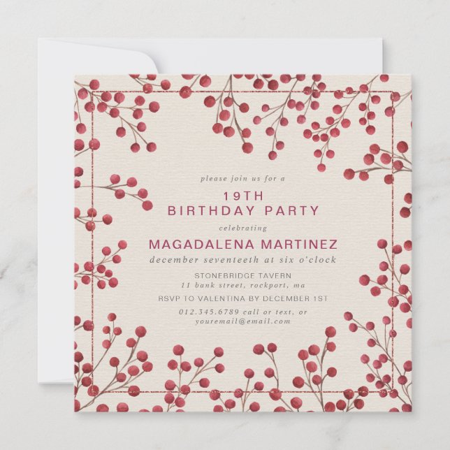 Invitación Invierno moderno Red Berry 19th Birthday Party (Anverso)