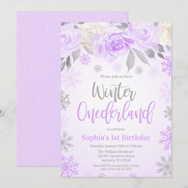 Invitación Invierno Morado Gris Floral Onederland Primer cump (Anverso / Reverso)