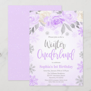 Invitación Invierno Morado Gris Floral Onederland Primer cump
