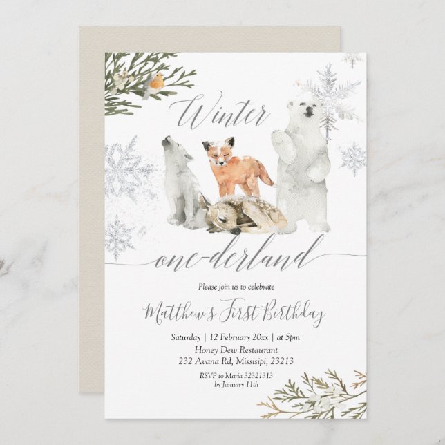 Invitación Invierno Nacimiento de los Animales de Onederland  (Anverso / Reverso)