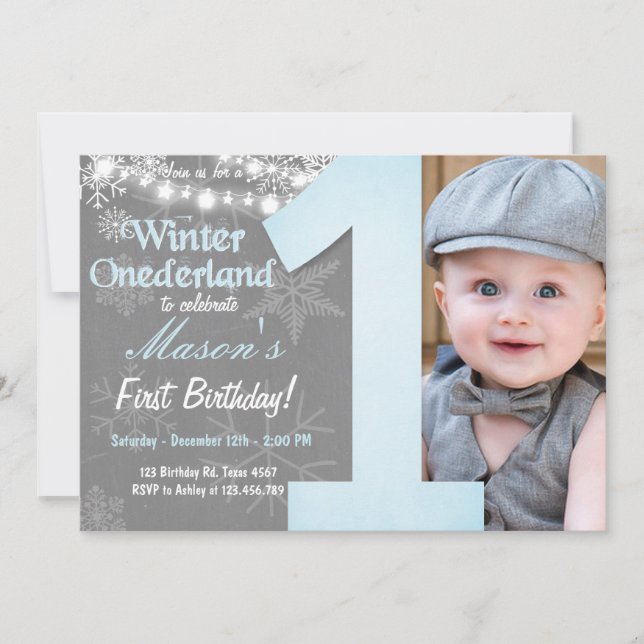 Invitación Invierno Nacimiento de Niño de Onederland (Anverso)