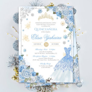 Invitación Invierno Nevada Helado Azul Oro Plata Quinceañera