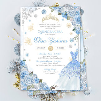 Invitación Invierno Nevada Helado Azul Oro Plata Quinceañera