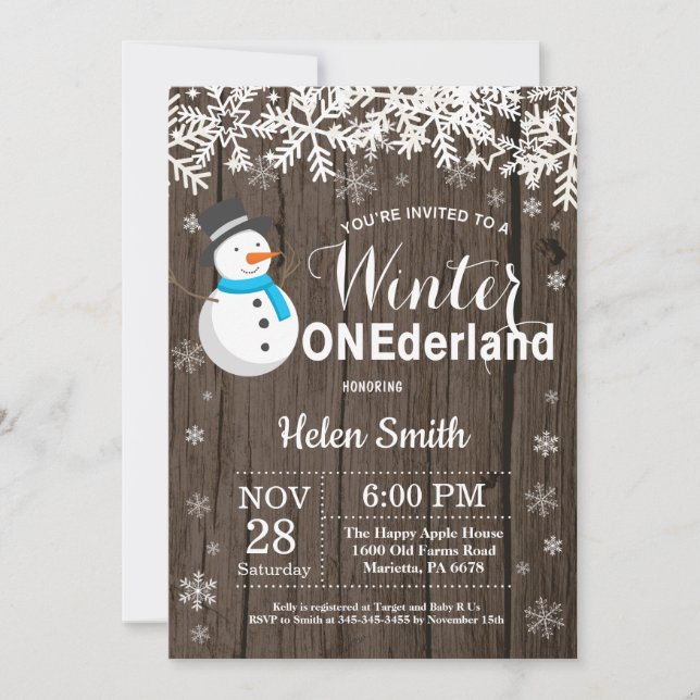 Invitación Invierno Nieve Rustic Snowman Boy primer cumpleaño (Anverso)