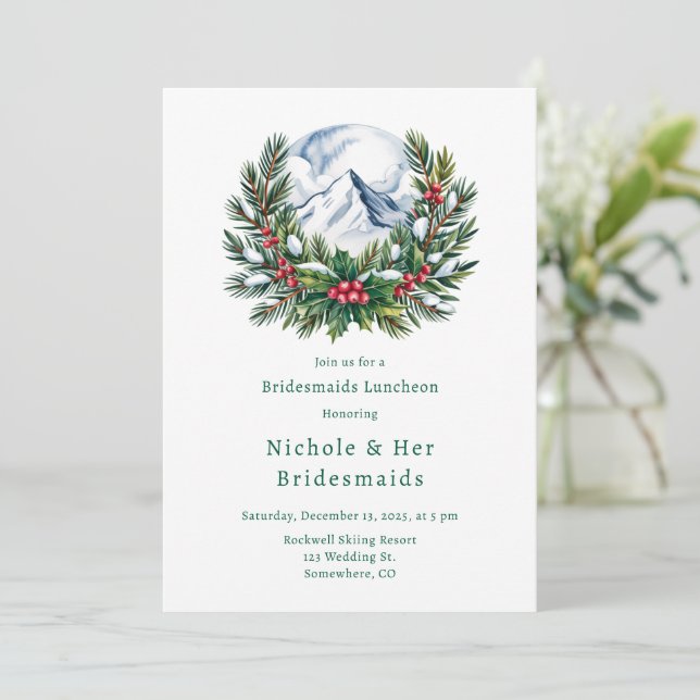 Invitación Invierno Novias de Novia de Pine Snowy Luncheon (Anverso de pie)