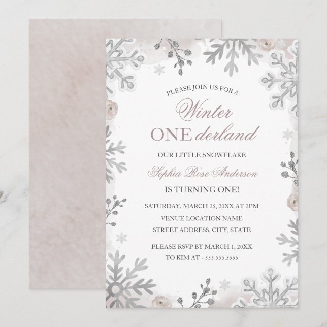 Invitación Invierno Onederland 1er Cumpleaños Rubor Copo de N (Anverso / Reverso)
