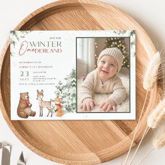 Invitación Invierno Onederland Animal Foto Cumpleaños 1er Año
