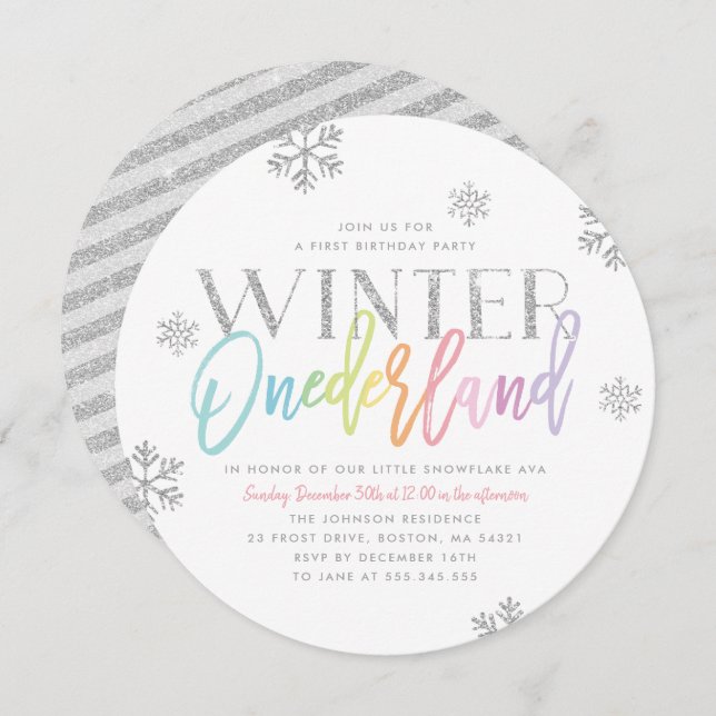 Invitación Invierno Onederland Arcoiris plata primer cumpleañ (Anverso / Reverso)