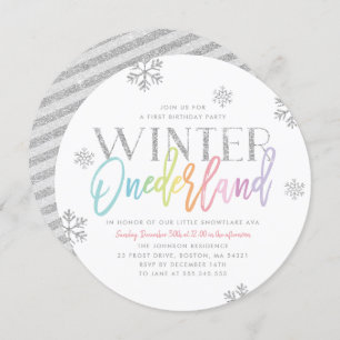 Invitación Invierno Onederland Arcoiris plata primer cumpleañ