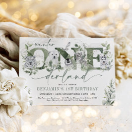 Invitación Invierno Onederland Ártico Animales verdes Cumplea