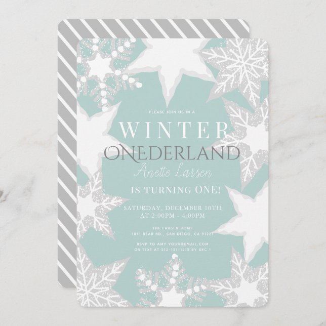 Invitación Invierno Onederland Azul y Plata Primer Cumpleaños (Anverso / Reverso)