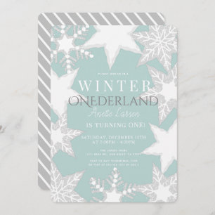 Invitación Invierno Onederland Azul y Plata Primer Cumpleaños