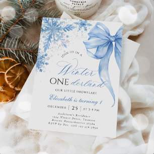 Invitación Invierno Onederland Blue Bow Snowflake Cumpleaños