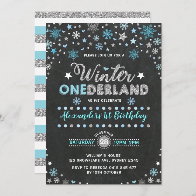 Invitación Invierno Onederland Blue Silver Copos de nieve Cum (Anverso / Reverso)