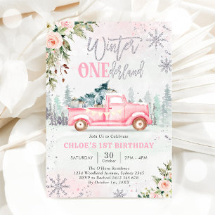 Invitación Invierno ONEderland Camión Rosa Niña 1er Cumpleaño