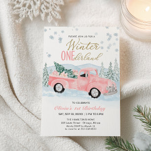 Invitación Invierno Onederland Camión Rosa Primer Cumpleaños