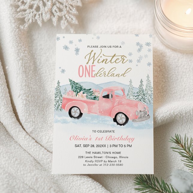 Invitación Invierno Onederland Camión Rosa Primer Cumpleaños (Subido por el creador)