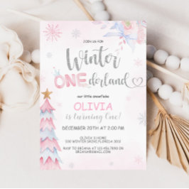 Invitación Invierno Onederland Chica Birthday Pink Silver