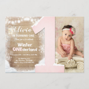 Invitación Invierno Onederland Chica de copos de nieve rosa P