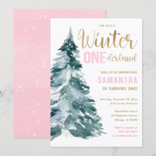 Invitación Invierno Onederland chica de oro rosa primer cumpl