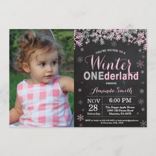 Invitación Invierno Onederland Chica de Plata Rosa Primer Cum